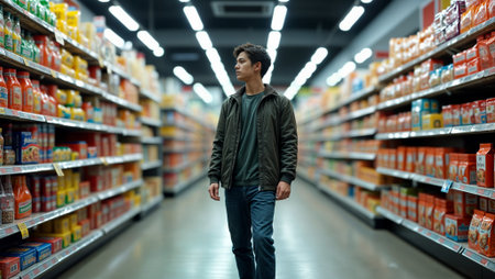 Contemplative young person in dark green jacket stands in well-lit grocery store aisle, surrounded by colorful packaged foods and beverages, capturing the everyday consumer experience of decision-making.の素材