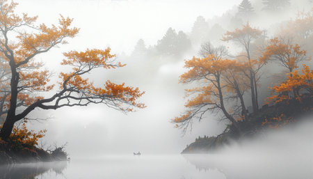 Mystical fog-covered lake scene featuring vibrant orange autumn trees and bare branches emerging from dense morning mist. Perfect for nature backgrounds, wellness content, and seasonal marketing.の素材