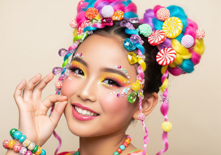 Stunning beauty portrait featuring elaborate candy-themed styling with colorful gemstones, rainbow hair accessories, and vibrant artistic makeup perfect for fashion and beauty campaignsの素材