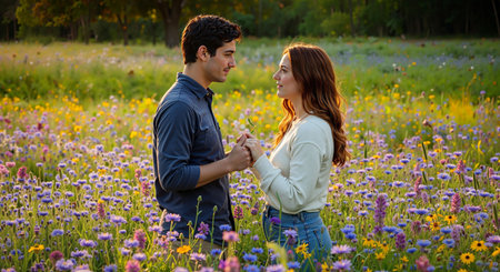 Romantic portrait of man and woman holding hands in colorful spring wildflower field with warm sunset lighting creating dreamy atmosphereの素材