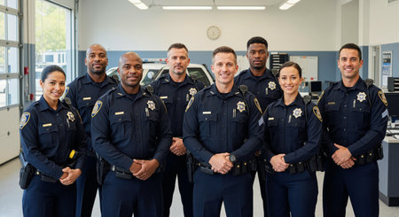 Professional group portrait of eight different police officers in navy uniforms with badges and equipment, positioned in contemporary police station with patrol car backgroundの素材