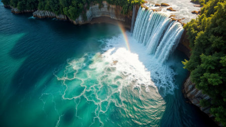 Breathtaking aerial perspective of massive waterfall cascading into turquoise basin, creating ethereal rainbow effect amidst rocky cliffs and lush forest, showing nature's raw power and beauty.の素材