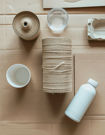 Eco-friendly packaging items including burlap ribbon, glass jar, white bottle and cardboard arranged on brown corrugated background. Perfect for sustainable business concepts.の素材
