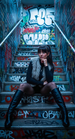 Fashionable woman in fur vest and boots sits thoughtfully on colorful street art stairs. Perfect for urban lifestyle, fashion campaigns, and contemporary culture content.の素材