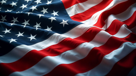 American flag waving in the wind, creating a patriotic backgroundの素材