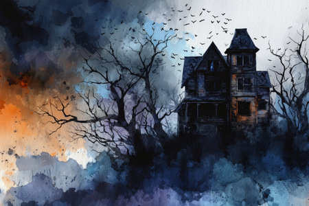 Dark haunted house illustration with dramatic watercolor effects, bare trees, flying birds, and moody blue-orange sky perfect for Halloween contentの素材