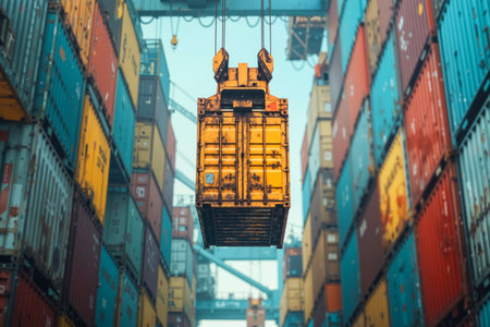 Orange shipping container suspended by crane hooks between stacked containers in busy port terminal. Vibrant blues, yellows, and reds create striking industrial scenes perfect for logistics concepts.の素材
