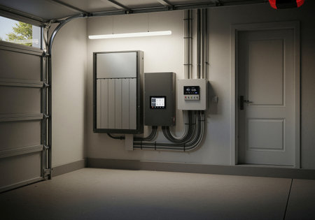 Clean residential garage featuring wall-mounted battery storage unit with digital control panel, organized electrical conduits, and modern lighting for sustainable home energy solutionsの素材