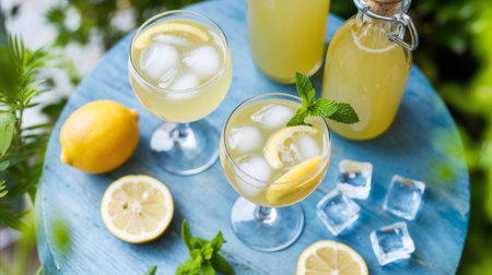 Two glasses of refreshing lemonade with ice, mint, and lemon slices are served on a blue table in a garden settingの素材