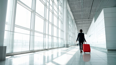 A solitary figure in professional attire walks through a spacious, light-filled airport terminal corridor, pulling a vibrant red suitcase against a minimalist white architecture.の素材