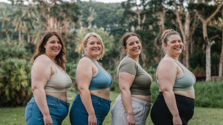 Four plus size women are standing side by side in a park, embracing their bodies and promoting body positivityの素材