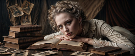 Young woman rests her head on an open book surrounded by old photos.の素材