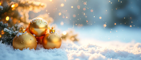 Golden Christmas ornaments covered with snow create a festive scene with falling snowflakes and warm Christmas tree lightsの素材