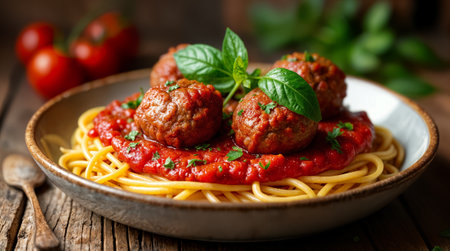 Delicious Italian spaghetti with meatballs and tomato sauce, garnished with fresh basil, resting on rustic wooden tableの素材