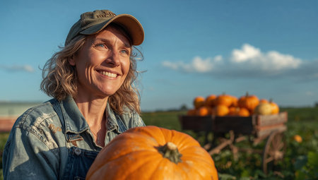 Smiling female farmer in denim shirt and cap proudly displays large orange pumpkin at rural farm. Perfect for agriculture, organic farming, seasonal harvest, and sustainable living content.の素材