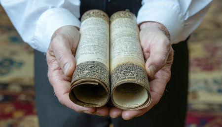 Close-up of weathered hands holding two rolled Torah scrolls with Hebrew text, showing religious tradition and spiritual heritage in warm indoor lightingの素材