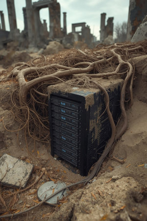 Computer server hardware overtaken by nature in dystopian ruins. Perfect for technology decay, environmental themes, and futuristic concepts.の素材