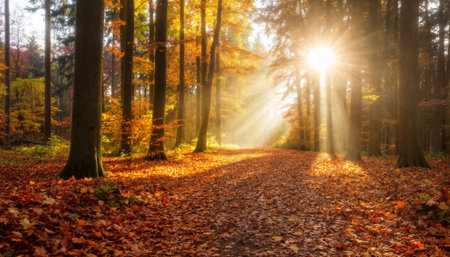 Stunning forest path bathed in golden sunlight streaming through trees with brilliant orange and red fall foliage carpeting the ground, creating magical atmosphereの素材