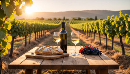 Elegant wine bottle with glasses, artisan bread, and grapes on wooden table overlooking vineyard rows. Perfect for wine tourism, culinary marketing, and luxury lifestyle content.の素材