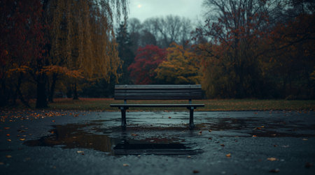 Empty park bench on wet pavement with colorful fall trees creating peaceful, contemplative atmosphere. Perfect for themes of solitude, reflection, seasonal change, and urban nature.の素材