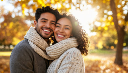 Happy diverse couple laughing together in warm chunky sweaters and scarves against dreamy golden sunlit autumn background. Perfect for lifestyle, romance, and seasonal fashion campaigns.の素材
