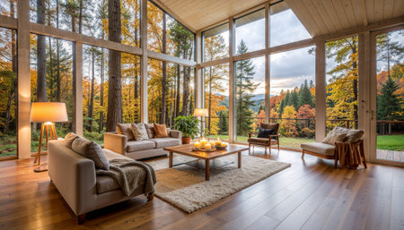 Stunning modern living space with panoramic forest views through expansive glass walls. Warm lighting, contemporary furniture, and autumn foliage create perfect luxury home atmosphere.の素材