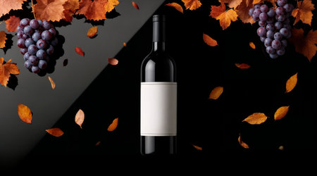 Elegant wine bottle with clean white label showcased against dramatic black backdrop, adorned with purple grape clusters and vibrant autumn foliage for luxury brandingの素材