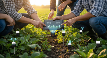 Agricultural professionals collaborating around digital dashboard displaying crop analytics from IoT sensors in green field.の素材