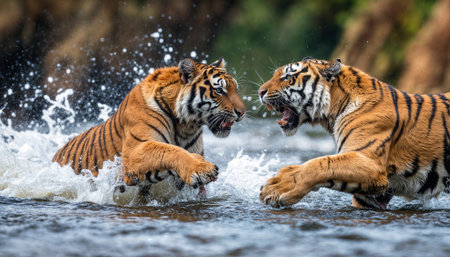 Two magnificent Bengal tigers engage in intense combat while splashing through shallow water, showcasing primal strength and wild behavior in natural habitat settingの素材