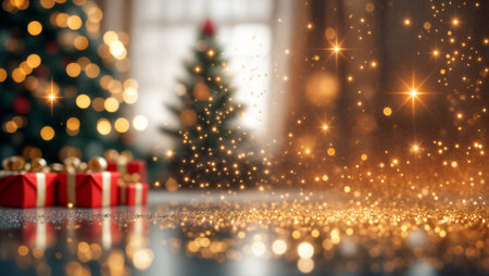 Enchanting holiday scene featuring blurred Christmas tree, wrapped presents, and shimmering golden bokeh effects. Perfect for seasonal marketing, greeting cards, and festive campaigns.の素材