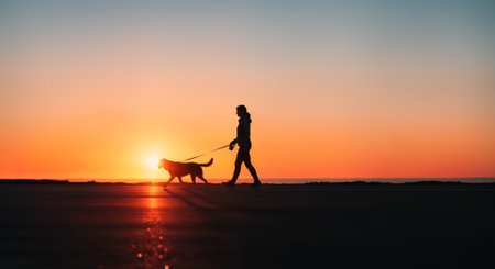 Dramatic silhouette of person walking dog during golden hour sunset. Warm orange and pink sky creates peaceful, contemplative mood. Perfect for lifestyle, wellness, and pet-related content.の素材
