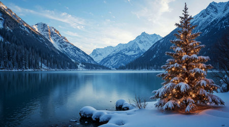 Magical winter landscape featuring glowing Christmas tree on snowy shoreline of crystal clear mountain lake surrounded by majestic snow-capped peaks under serene twilight skyの素材