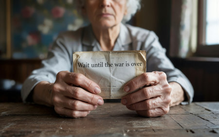 Senior woman's weathered hands carefully protecting aged wartime correspondence reading 'Wait until the war is over' in intimate indoor setting, evoking memories and historical significanceの素材
