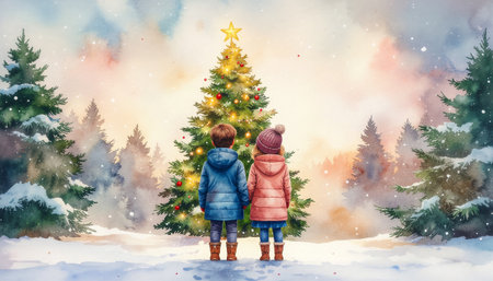 Dreamy watercolor artwork showing two children in winter coats viewing decorated Christmas tree with lights. Soft pastel sky, snow-covered evergreens create magical holiday scenes perfect for cards,...の素材