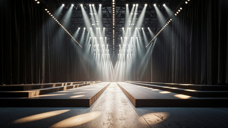 Professional runway stage with dramatic white spotlights creating stunning beam effects. Perfect for fashion shows, events, presentations, and luxury brand campaigns requiring elegant staging.の素材