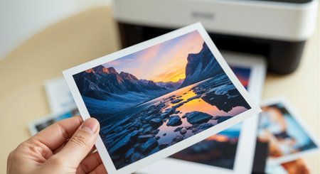 Person examining high-quality printed mountain sunset photograph with lake reflection. Desktop printer and additional prints visible in background. Perfect for printing services, home office concepts.の素材