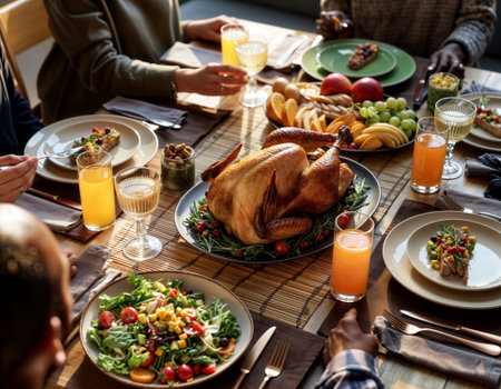 Beautifully arranged Thanksgiving dinner table with golden roasted turkey, fresh salads, fruit platters, and orange juice. Family hands visible reaching for food in warm, inviting atmosphere.の素材