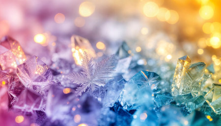 Stunning macro view of ice crystals creating prismatic light effects with vibrant pink, blue, and golden hues. Perfect for winter themes, scientific concepts, and luxury backgrounds.の素材