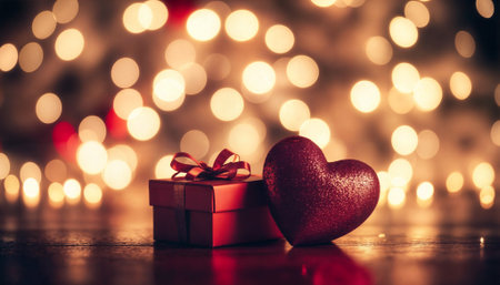 Romantic Valentine's or Christmas scene featuring glittery red heart decoration and wrapped present with ribbon against warm golden bokeh background, perfect for love and holiday themesの素材