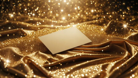 Elegant blank card resting on flowing golden velvet textile with dreamy bokeh sparkles. Perfect for luxury invitations, premium branding, holiday marketing, and high-end product presentations.の素材