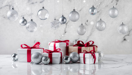 Luxurious Christmas scene featuring transparent and metallic baubles hanging over gift boxes with red ribbons against white marble backdrop, perfect for holiday marketing campaignsの素材