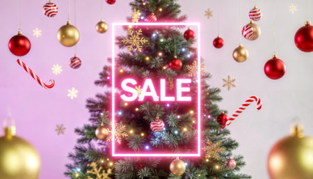 Bright pink neon SALE text frame positioned over decorated Christmas tree with red, gold ornaments, candy canes, and snowflakes.の素材