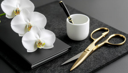 Sophisticated minimalist office arrangement with brass scissors, white ceramic pen cup, black planner, and fresh orchid blooms on dark slate. Perfect for luxury business branding.の素材