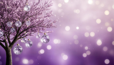 Magical holiday scene featuring transparent crystal baubles floating on sparkling purple tree with soft bokeh lights. Perfect for Christmas marketing, greeting cards, and festive advertising...の素材