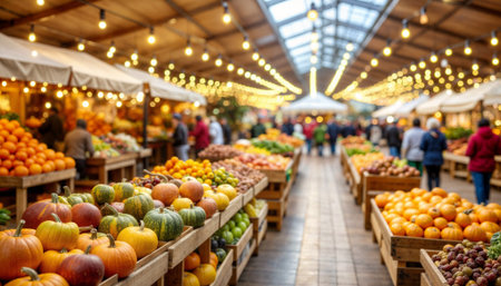 Indoor farmers market filled with wooden stalls displaying fresh autumn produce including pumpkins, squash, and fruits. Warm string lights create cozy atmosphere with shoppers browsing.の素材