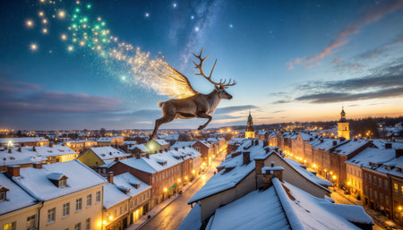 Fantasy Christmas scene featuring majestic reindeer with glowing golden wings flying over historic snow-covered rooftops at dusk. Perfect for holiday marketing, greeting cards, and seasonal campaigns.の素材