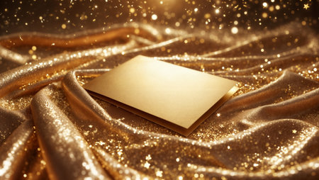 Premium golden velvet textile with shimmering sparkles creates elegant backdrop for blank card. Perfect for luxury branding, wedding invitations, premium product mockups, and festive designs.の素材