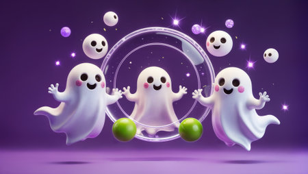 Cute white ghost characters with happy expressions surround a glass circular frame mockup. Perfect for app interfaces, Halloween designs, gaming graphics, and digital presentations.の素材