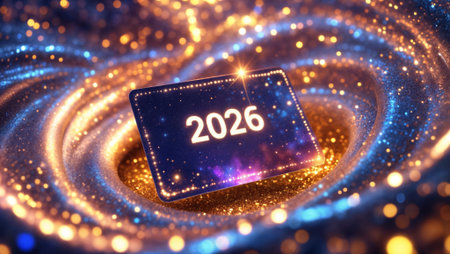 Futuristic digital tablet showing 2026 year surrounded by dynamic golden and blue particle streams with glowing bokeh lights, perfect for New Year, technology forecasting, and future vision conceptsの素材