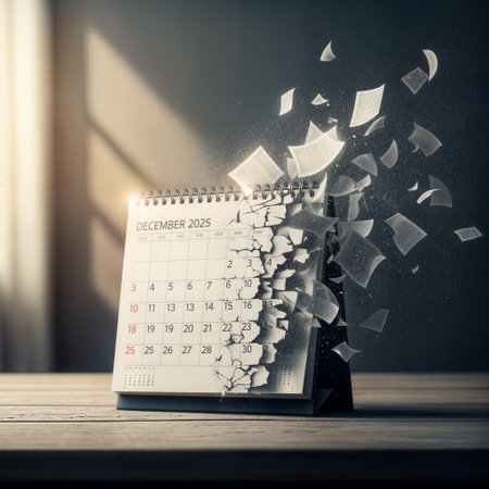 Artistic calendar disintegration with December 2025 pages exploding into fragments against dramatic lighting. Perfect for time management, deadline concepts, year-end themes, and creative business...の素材